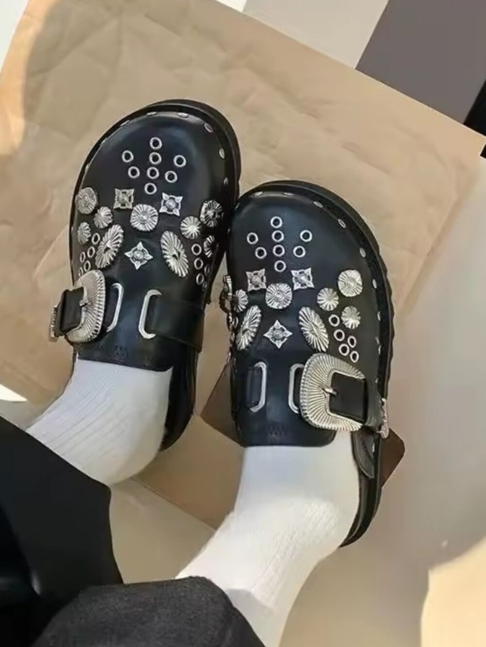 Zinc Size 8.5 Slip On Mules Faux Leather Western Silver Buckle Slides